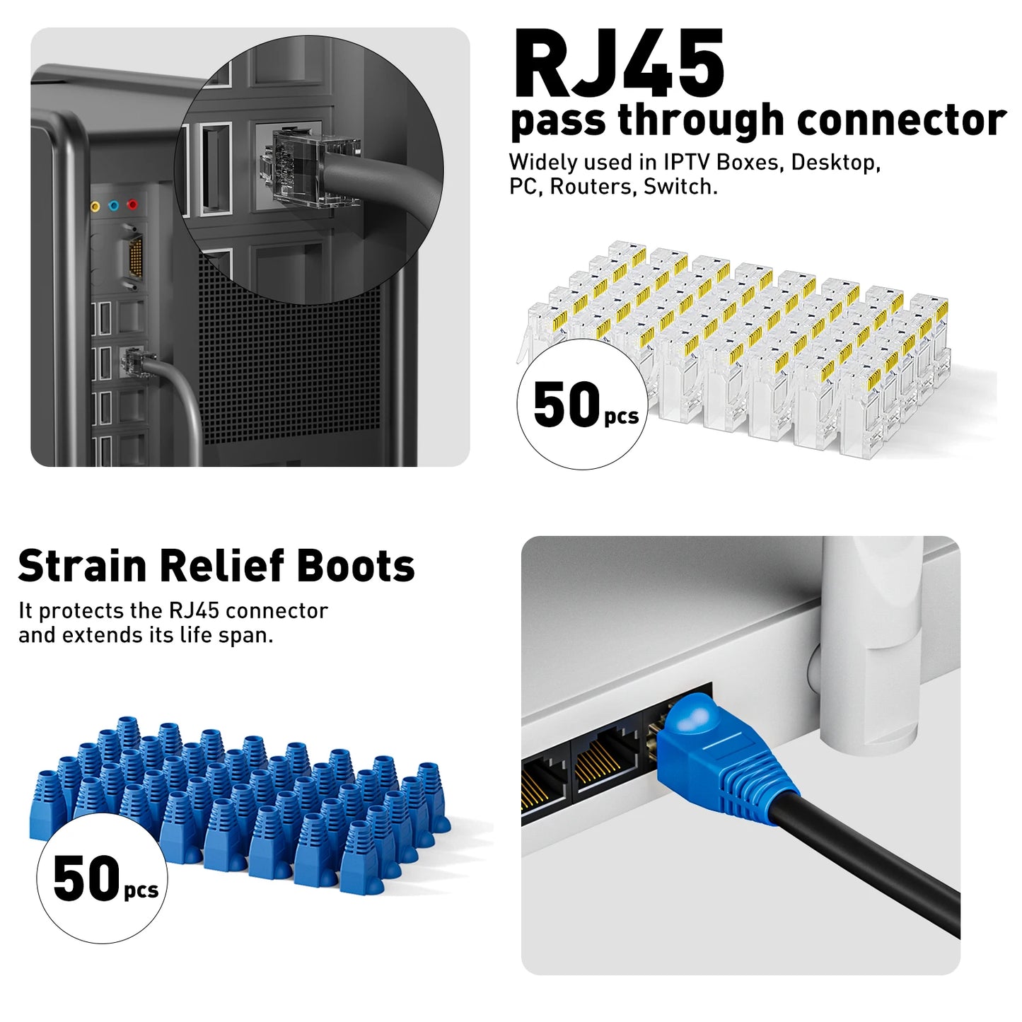 ZoeRax RJ45 CAT6 CAT5E CAT5 Crimp Tool Kit,Crimp tool,Cable Tester,Wire Cutter and Stripper,Blade,50PCS Connectors and Boots