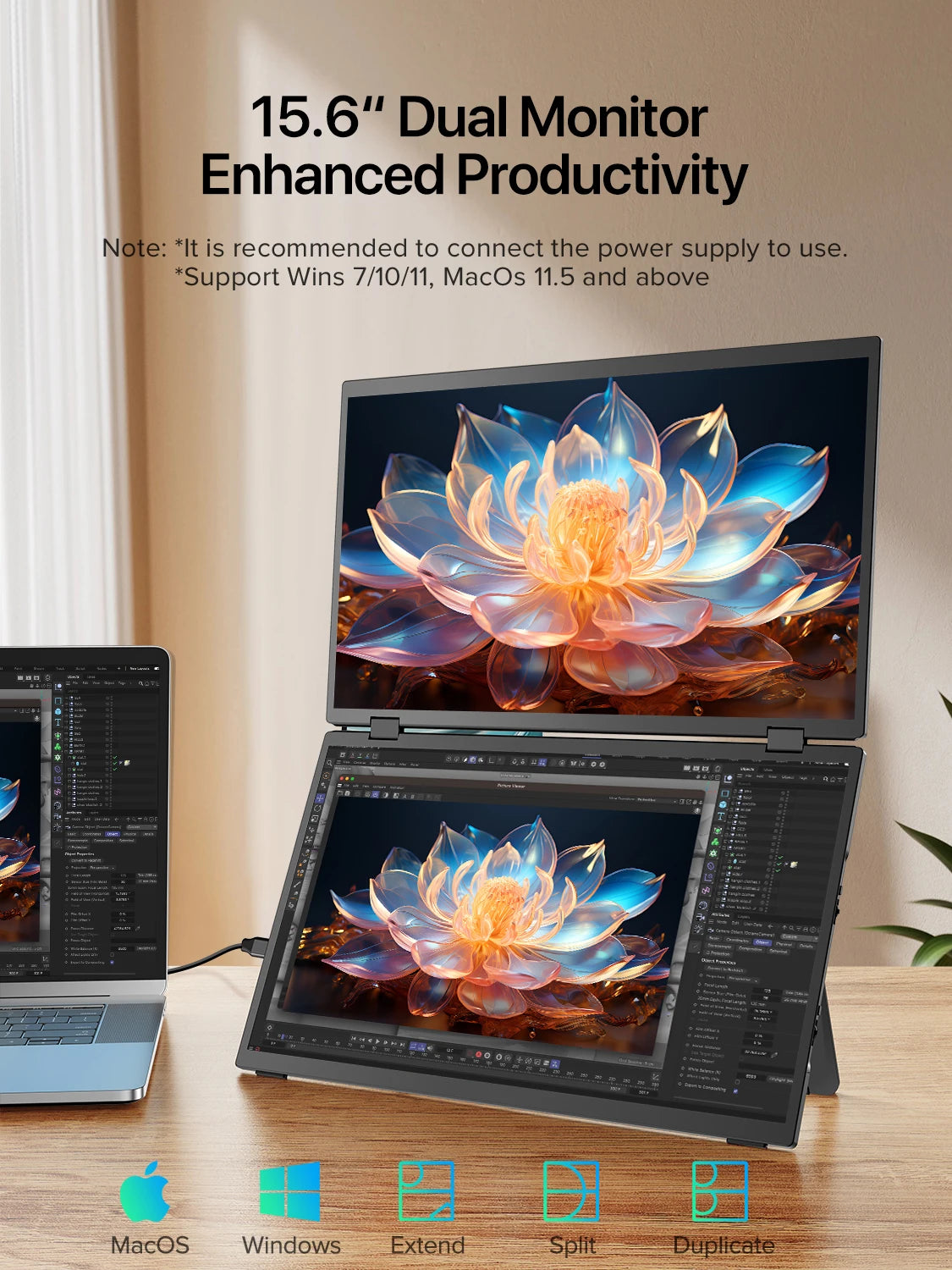 15.6" Dual Portable Monitor 1080P IPS Folding Stacked Triple Laptop Screen Extender with Stand USB-C mini HDMI Plug