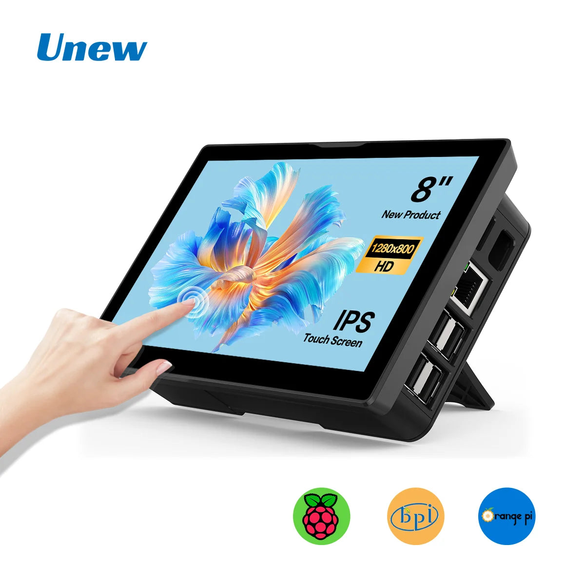 Unew 8 inch Raspberry Pi Monitor 1280x800 16:10 HDMI for Raspberry Pi 5 4 3 Orange Banana Pi DIY Projects Touchscreen Display