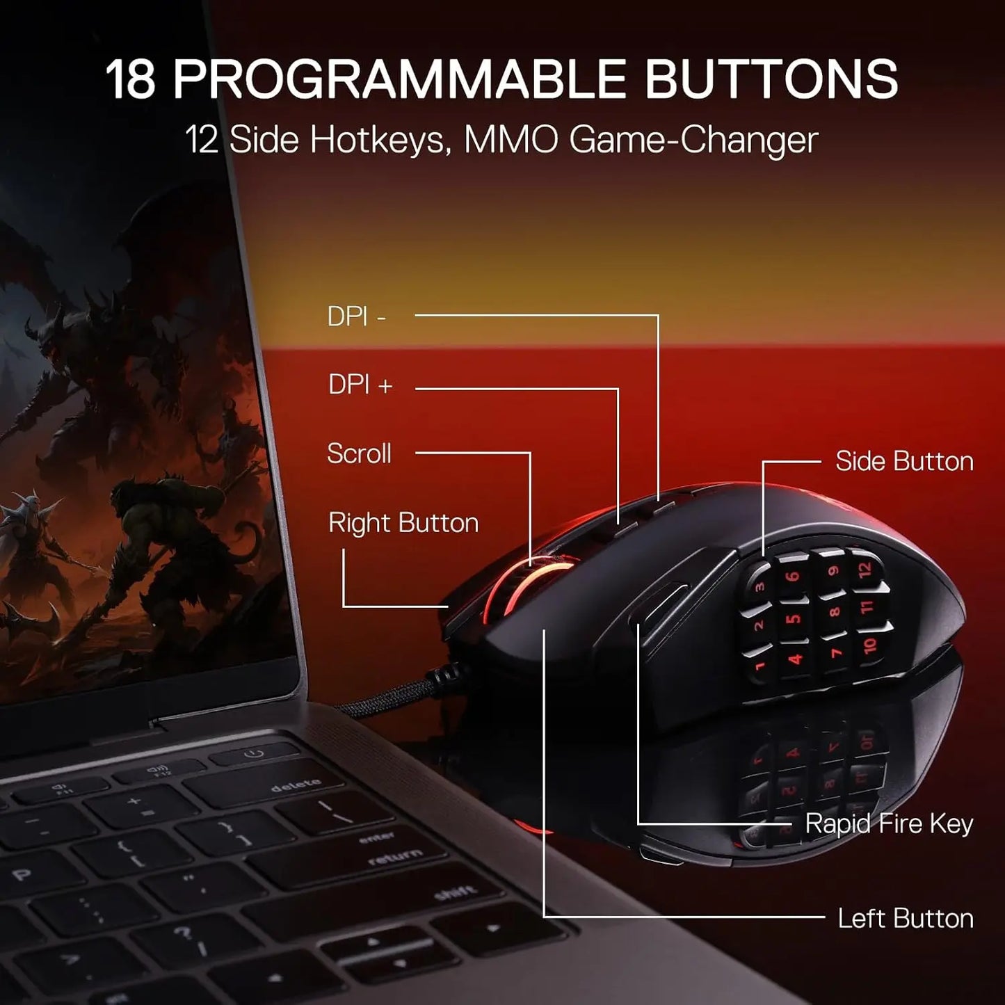 Redragon M921 MMO Gaming Mouse 12400 DPI High Precision Wired RGB Mice 18 Programmable Buttons, 12 Side Macro Keys