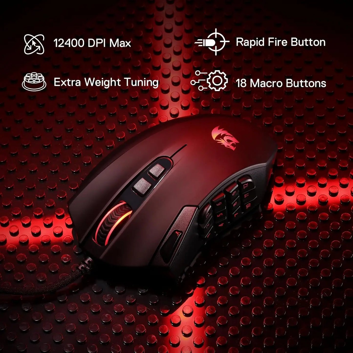 Redragon M921 MMO Gaming Mouse 12400 DPI High Precision Wired RGB Mice 18 Programmable Buttons, 12 Side Macro Keys