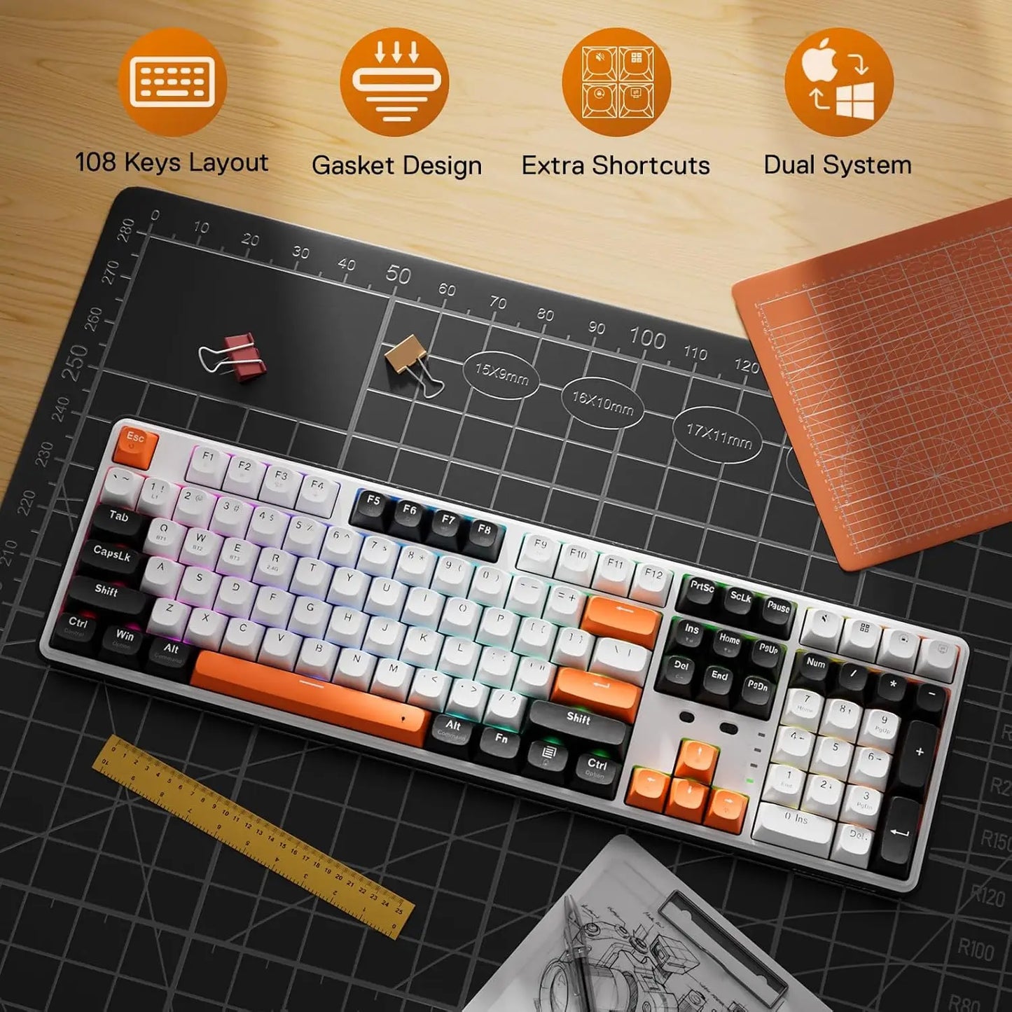 Redragon K689 PRO Wireless Gasket RGB Gaming Keyboard, 108 Keys Mechanical Keyboard w/Extra 4 Hotkeys, Upgraded Hot-swappable