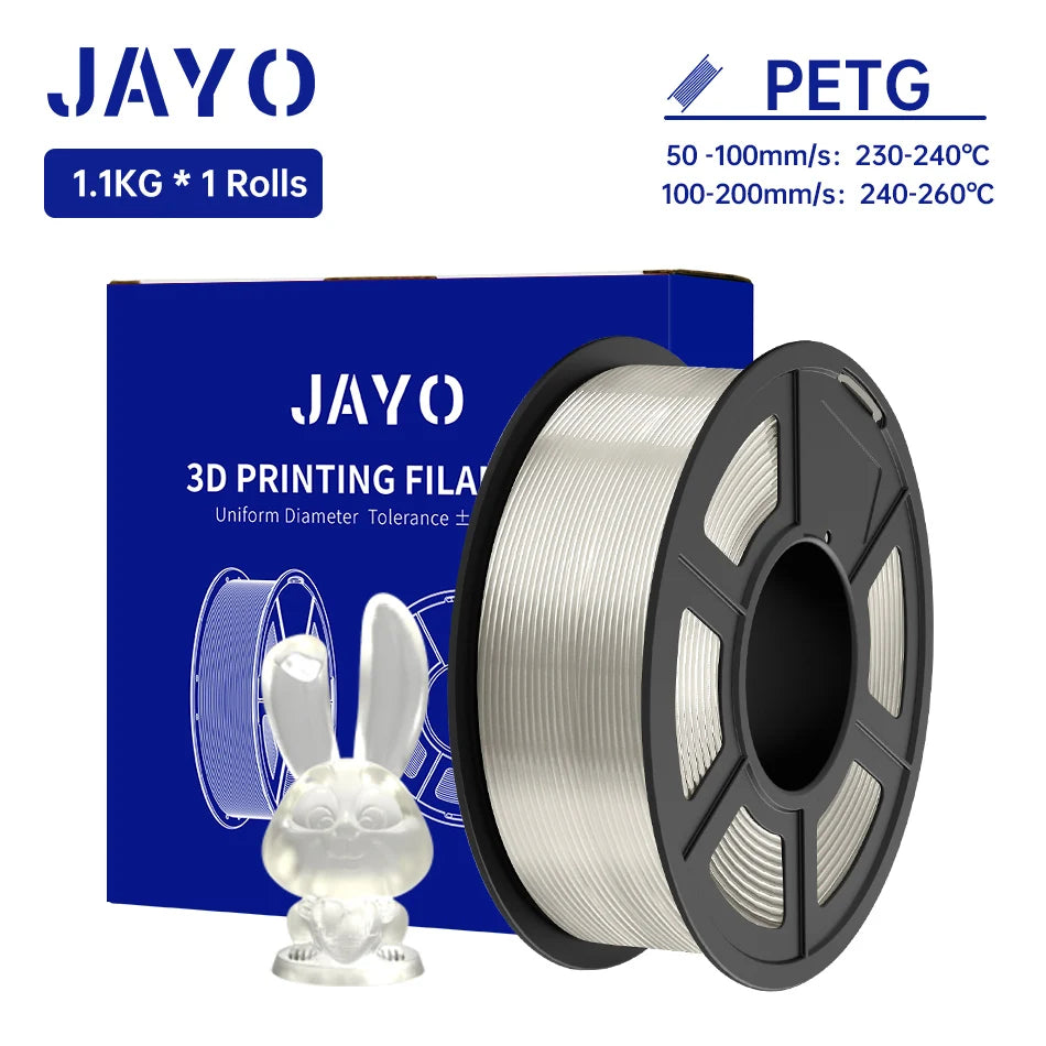 JAYO PETG/PETG Clear 3D Printer Filament 1.75 ±0.02mm 1.1kg/roll High Toughness Neatly Wound Filament Fit Most FDM Printer