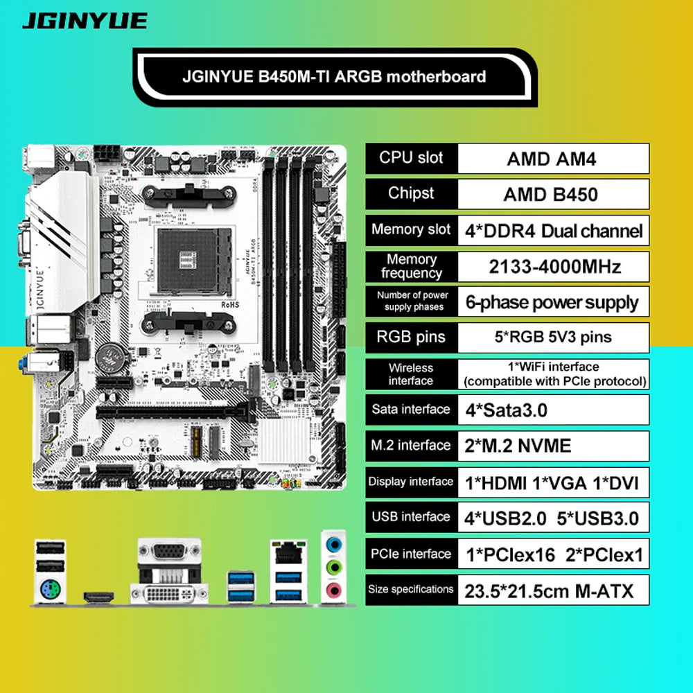 JGINYUE B450M-TI ARGB Motherboard, AMD AM4 Processor, Dual-Channel 4*DDR4 Memory 64GB, 4xSATA3.0 6Gbps, 2xM.2 Nvme, Micro ATX