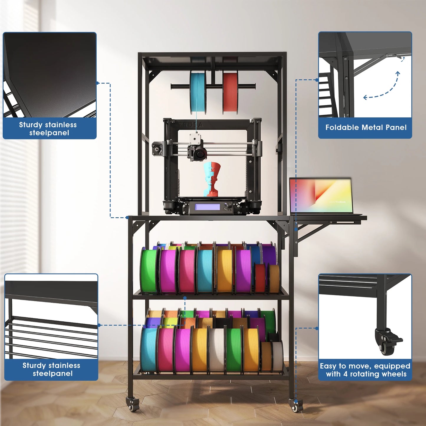 3D Printer Stand, Heavy Duty 3D Printer Table Stand with Filament Storage Rack, T-Shaped Spools Holder Rack with Wheels,3D Print