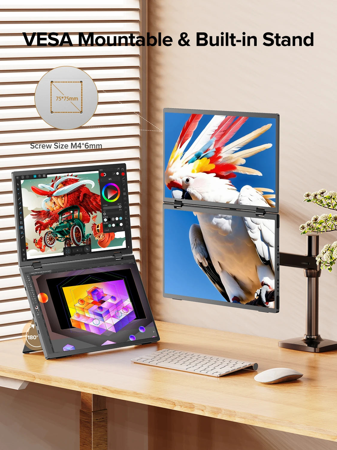 15.6" Dual Portable Monitor 1080P IPS Folding Stacked Triple Laptop Screen Extender with Stand USB-C mini HDMI Plug