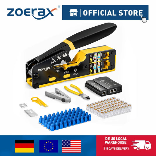 ZoeRax RJ45 CAT6 CAT5E CAT5 Crimp Tool Kit,Crimp tool,Cable Tester,Wire Cutter and Stripper,Blade,50PCS Connectors and Boots